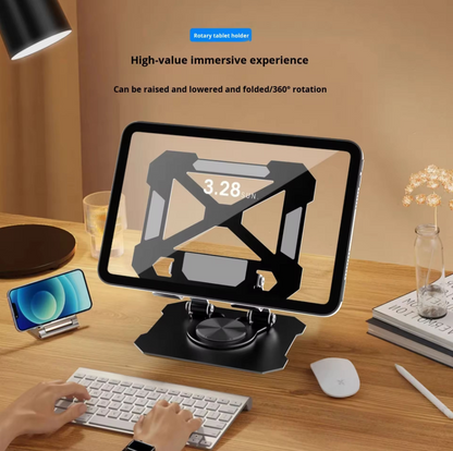 A tablet stand holding a tablet on a wooden desk, with a keyboard, mouse, phone, lamp, and books in a styled workspace scene. Text on the image describes the stand's adjustable features.