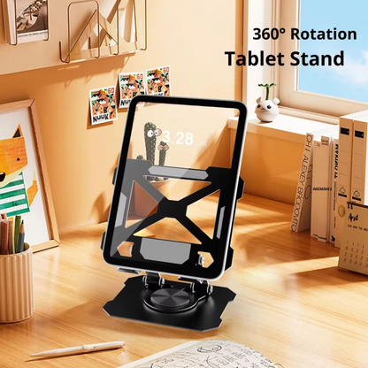 A black 360-degree rotation tablet stand holding a tablet on a wooden desk in a warm, styled room setting. The text '360° Rotation Tablet Stand' is visible in the top right corner.