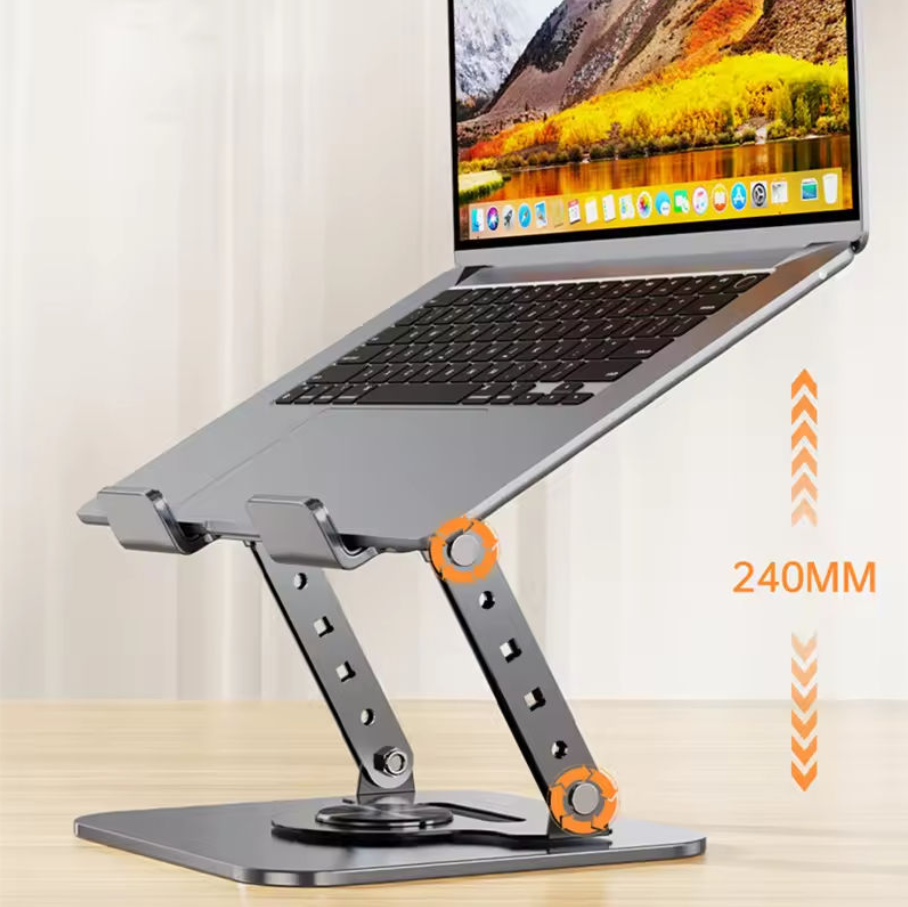 A gray adjustable laptop stand holding a silver laptop at an elevated angle, with orange adjustment knobs and a '240MM' height marker on a light wood surface against a soft cream background.