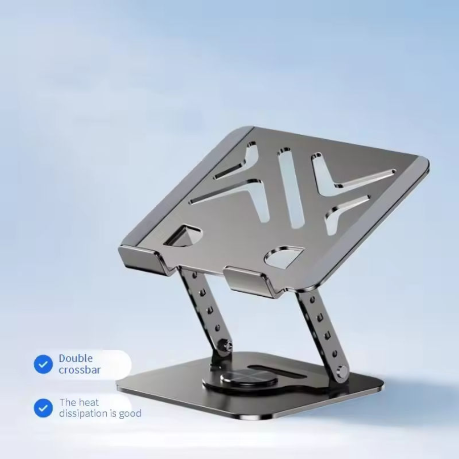 A metallic adjustable laptop stand with a slanted top platform and two support legs, shown on a light blue gradient background with two feature callouts in the lower left.