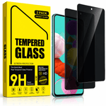 A 2-pack of tempered glass screen protectors shown with their bright yellow retail box and two smartphone mockups. One phone displays a colorful wallpaper, while the other shows a black privacy-style screen protector overlay.