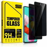 A 2-pack of tempered glass screen protectors shown with their bright yellow retail box and two smartphone mockups. One phone displays a colorful wallpaper, while the other shows a black privacy-style screen protector overlay.