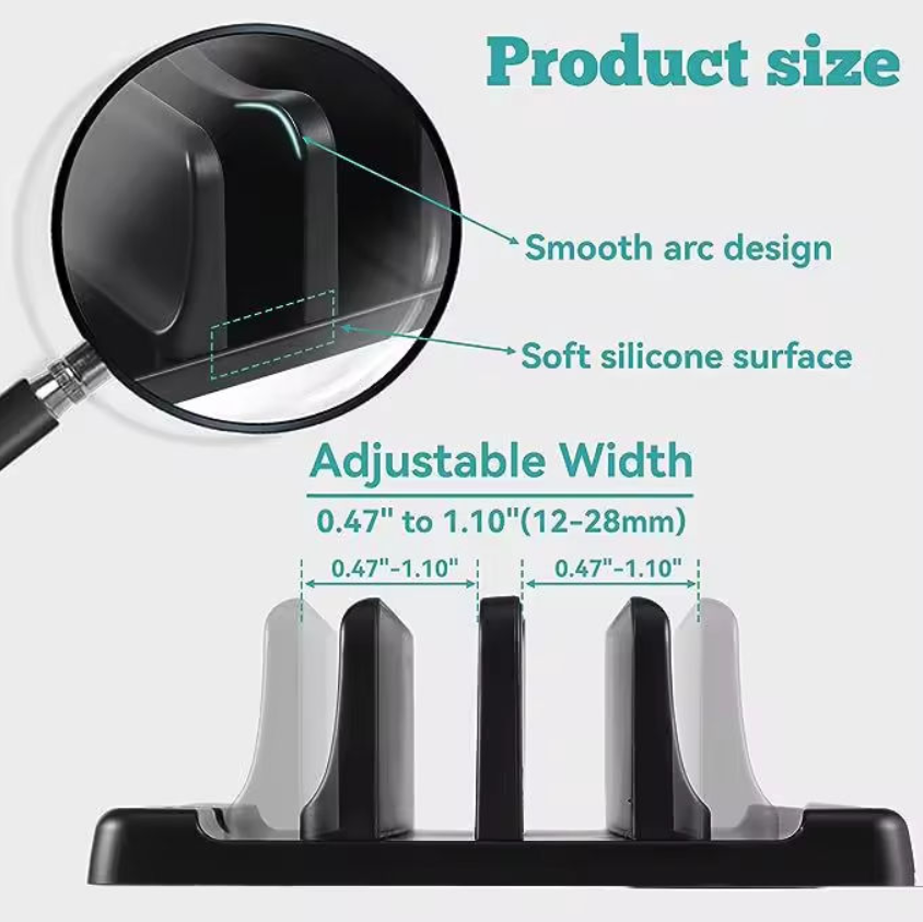 Product size diagram showing a black adjustable stand with three upright slots, annotated with text about smooth arc design, soft silicone surface, and adjustable width ranging from 0.47 to 1.