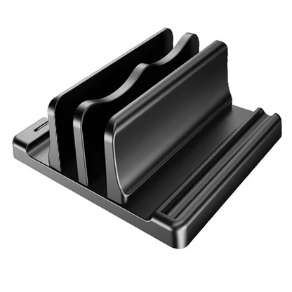 A black metal multi-device charging dock with three angled slots, shown on a solid white background.