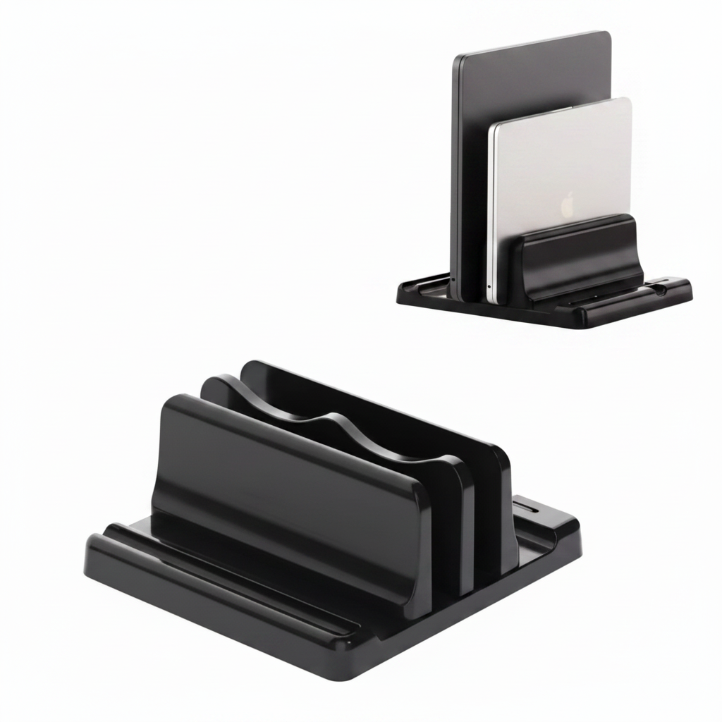 A black multi-device card reader and charger dock shown from two angles on a white background, with two silver cards inserted in one view and red 'LOGO' circles highlighting the front branding area.