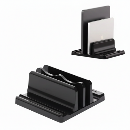 A black multi-device card reader and charger dock shown from two angles on a white background, with two silver cards inserted in one view and red 'LOGO' circles highlighting the front branding area.