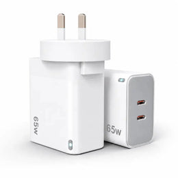 65W GaN Fast Wall Charger Dual USB-C PD 3.0 Power Adapter for Laptop Tablet & Smartphone (White) - Adaptor