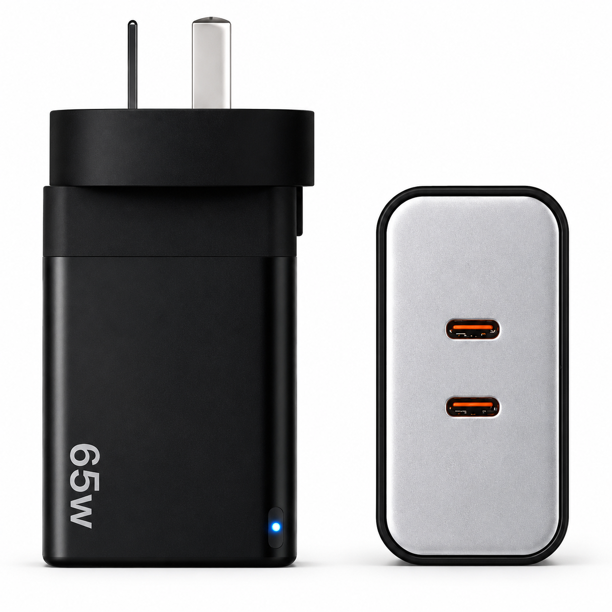 A 65W black wall charger adapter shown next to its silver and black rectangular power brick on a clean white background.