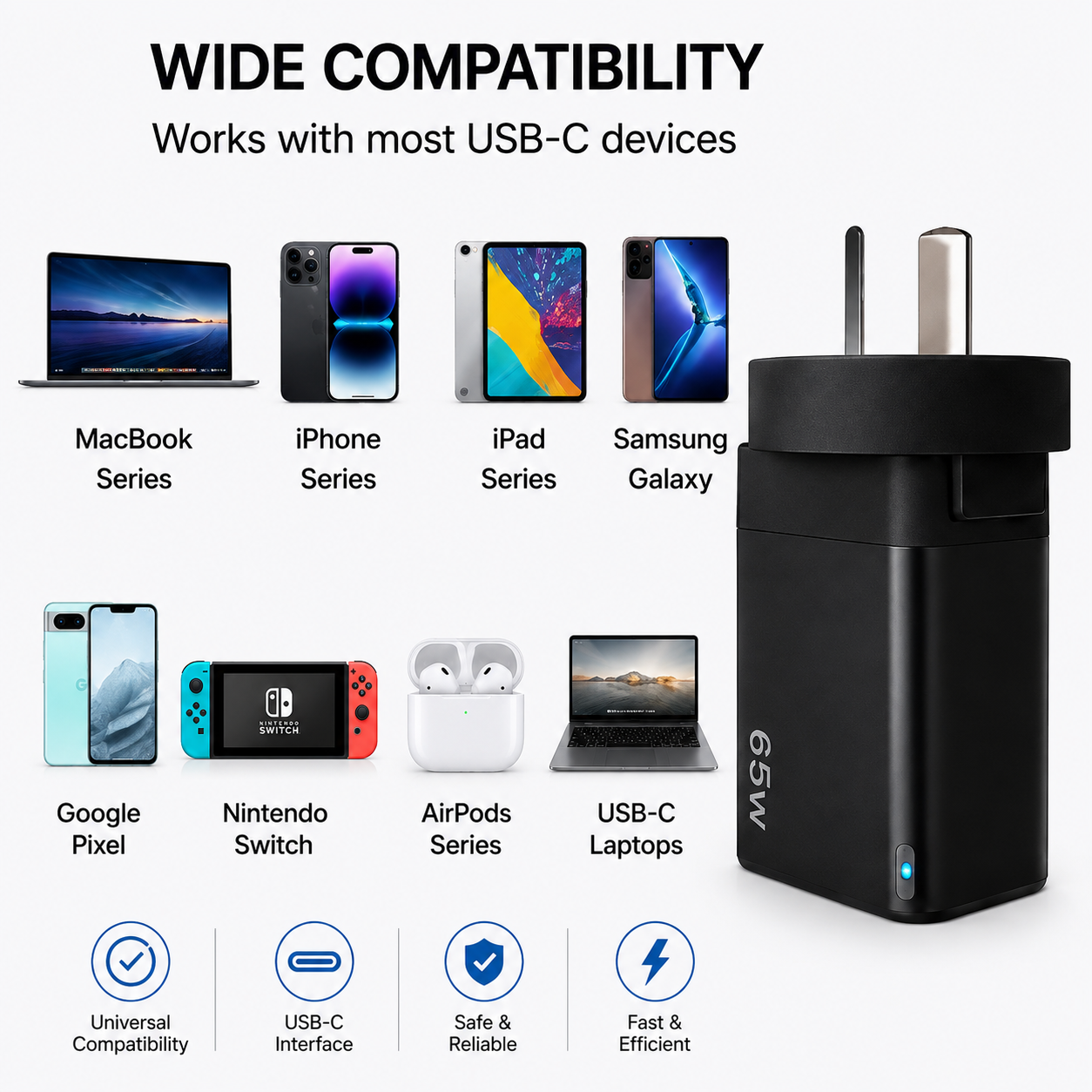 A black 65W USB-C adapter shown on a white background with text reading 'WIDE COMPATIBILITY' and labels for compatible devices including MacBook Series, iPhone Series, iPad Series, Samsung Galaxy, Google Pixel, Nintendo Switch, AirPods Series, and USB-C Laptops.