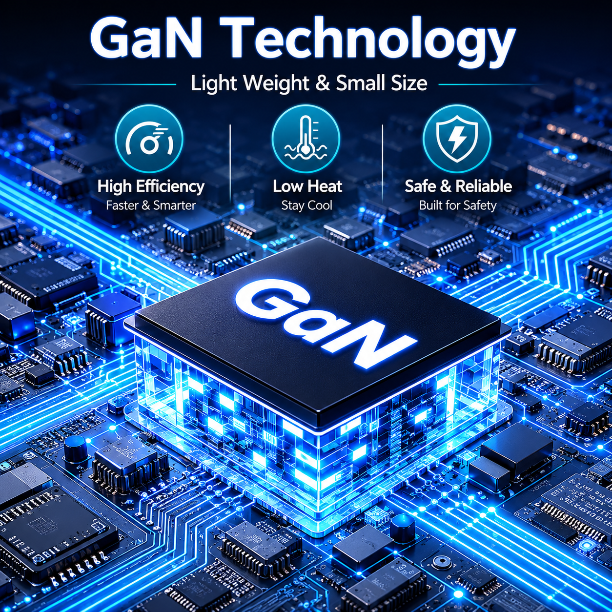 A GaN technology processor chip centered on a glowing blue circuit board, with text reading 'GaN Technology' and feature icons for high efficiency, low heat, and safe reliability.