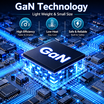 A GaN technology processor chip centered on a glowing blue circuit board, with text reading 'GaN Technology' and feature icons for high efficiency, low heat, and safe reliability.