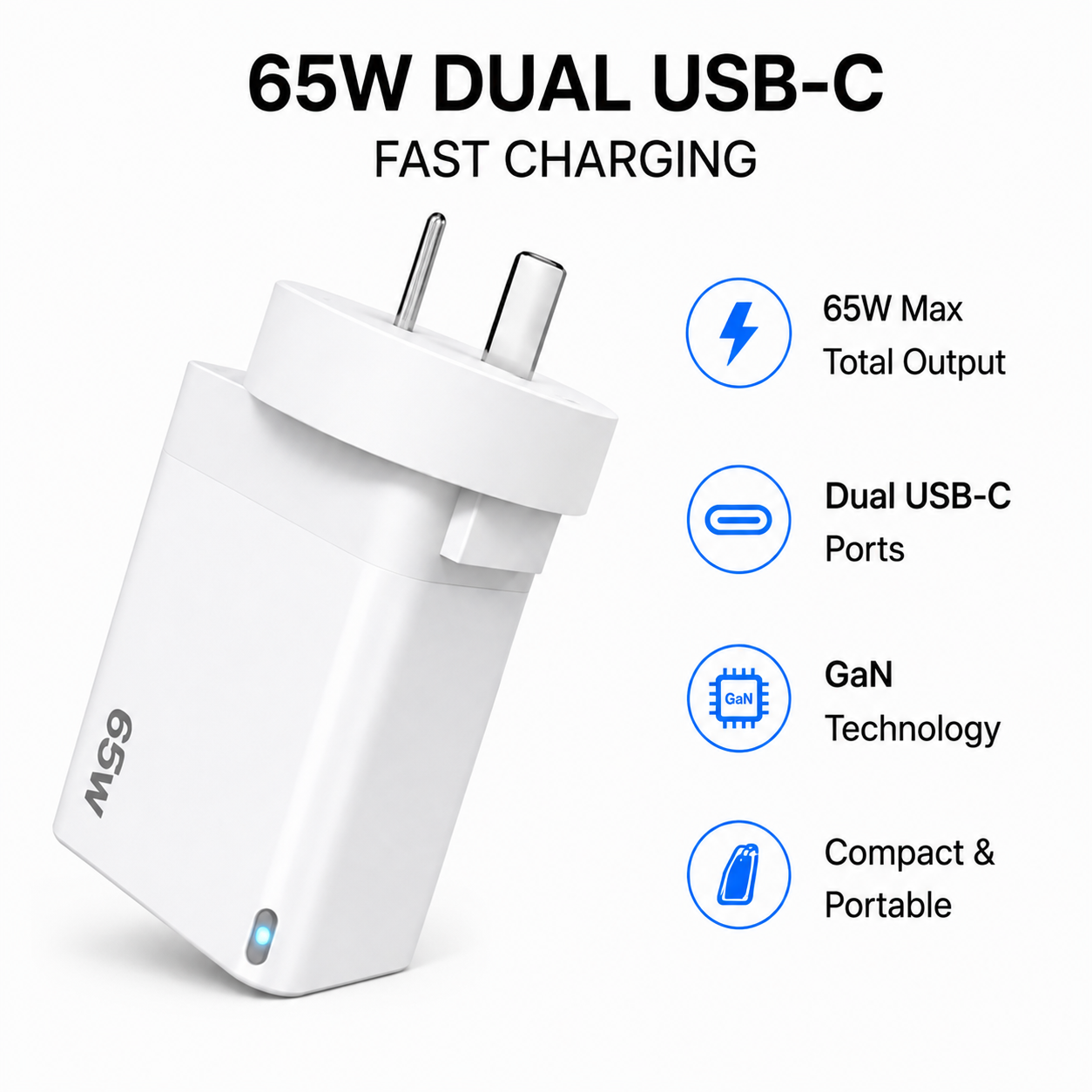 White 65W dual USB-C charger plug with text callouts on a light gray background, including '65W DUAL USB-C FAST CHARGING,' '65W Max Total Output,' 'Dual USB-C Ports,' 'GaN Technology,' and 'Compact & Portable.'.