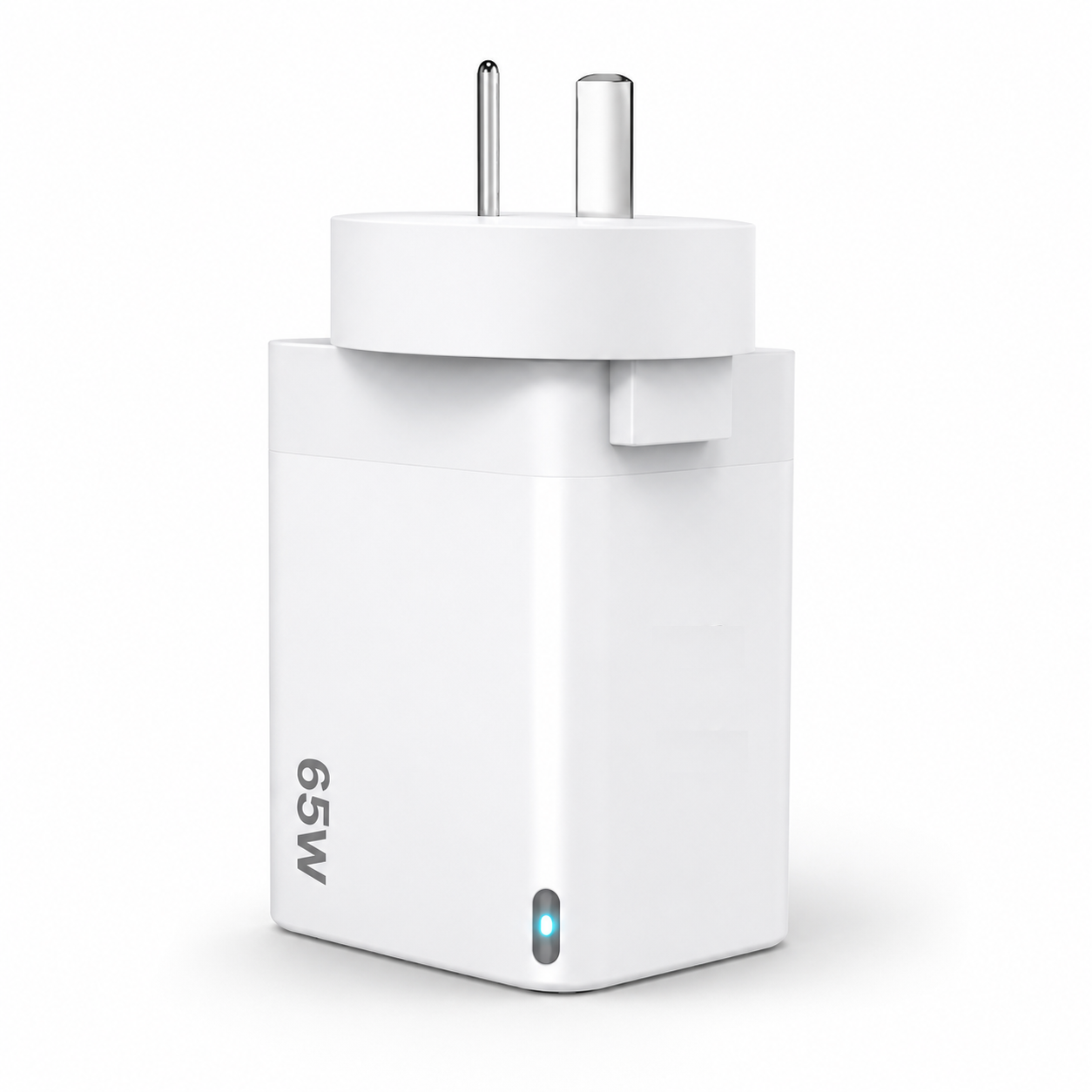A white 65W USB-C wall charger adapter with a two-pin plug, featuring a small blue LED indicator light on the front, set against a plain white background.