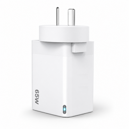 A white 65W USB-C wall charger adapter with a two-pin plug, featuring a small blue LED indicator light on the front, set against a plain white background.