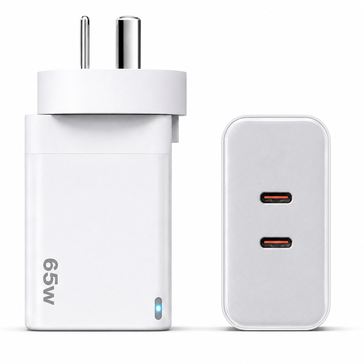 A white 65W USB-C wall charger adapter shown from the front with its plug visible, alongside a second view of the same charger from the back showing two USB-C ports, on a clean white background.