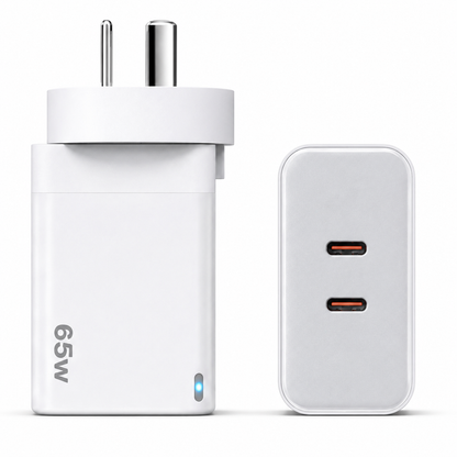 A white 65W USB-C wall charger adapter shown from the front with its plug visible, alongside a second view of the same charger from the back showing two USB-C ports, on a clean white background.