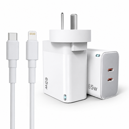 65W GaN Fast Wall Charger Dual USB-C PD 3.0 Power Adapter for Laptop, Tablet & Smartphone (White)