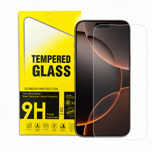 A pair of clear tempered glass screen protectors shown partially peeled back from a bright yellow retail box labeled 'TEMPERED GLASS' and '9H'. A smartphone is displayed behind the protectors for context.