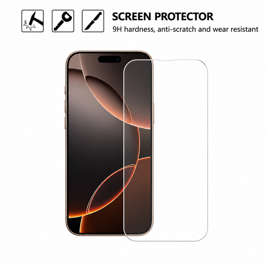 A clear tempered glass screen protector shown overlapping a smartphone on a white background, with text reading 'SCREEN PROTECTOR' and small icons indicating hardness, scratch resistance, and wear resistance.