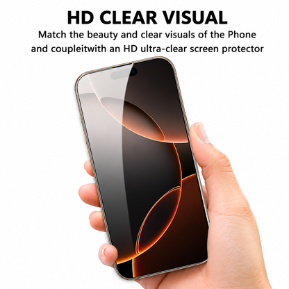 A hand holds a smartphone showing a clear screen protector applied, with text at the top reading 'HD CLEAR VISUAL' and 'Match the beauty and clear visuals of the Phone and coupleitwith an HD ultra-clear screen protector.'.