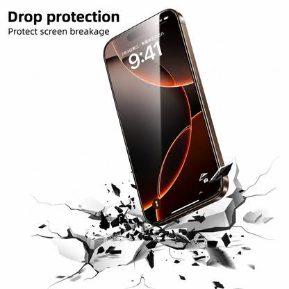 A smartphone shown at an angle with a glossy black screen and orange wallpaper, placed over a stylized shattered-glass effect. Text in the upper left reads 'Drop protection' and 'Protect screen breakage.