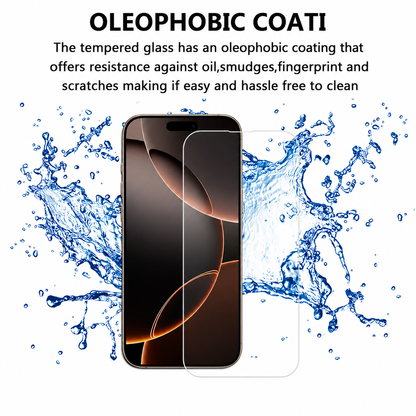 A clear oleophobic screen protector shown over a smartphone with text explaining the oil- and smudge-resistant coating, set against a white background with blue water splash graphics.