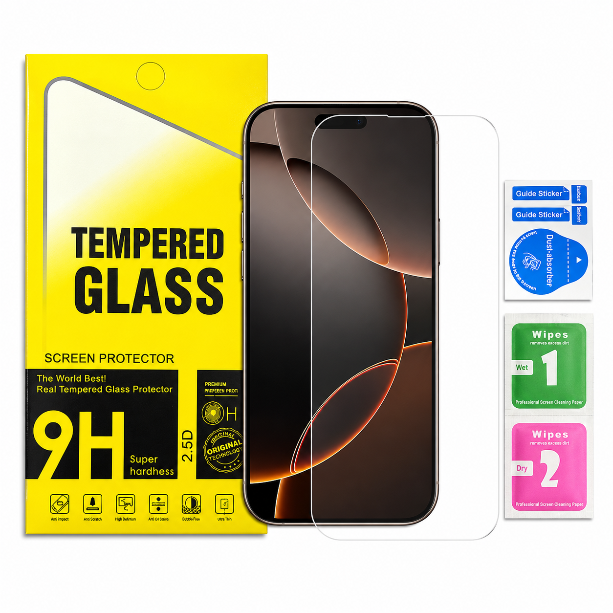 Tempered glass screen protector set shown with a smartphone on a white background, including a bright yellow retail box labeled 'Tempered Glass Screen Protector 9H 2PC,' a clear protector overlay on the phone screen, and three included accessories: two guide stickers, one blue wipe cloth, and two pink wipes.