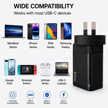 Black USB-C power adapter shown on a light gray background with compatibility text and multiple device logos including MacBook, iPhone, iPad, Samsung Galaxy, Google Pixel, Nintendo Switch, AirPods, and USB-C Laptops. Icons at the bottom highlight universal compatibility, USB-C interface, safety, reliability, and fast efficient charging.