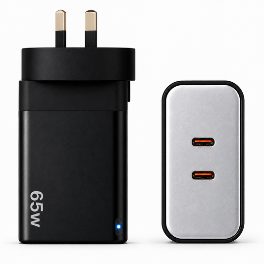 A 65W UK wall charger adapter shown from the front with its British plug on the left, and a second view of the same device from the back showing two USB-C ports on the right, against a plain white background.