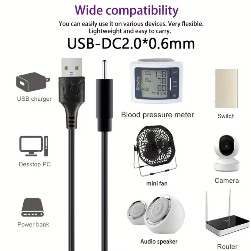 Barrel Jack Power Cable - 2mm x 0.6mm charger (Black) 1m
