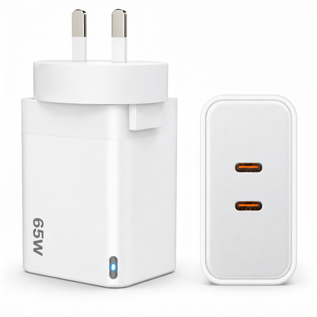 A white 65W UK wall charger adapter shown next to its rectangular USB-C receiver brick on a clean white background.