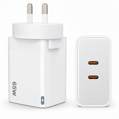 A white 65W UK wall charger adapter shown next to its rectangular USB-C receiver brick on a clean white background.