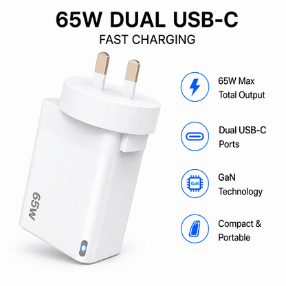 White 65W dual USB-C wall charger with UK two-pin plug, shown on a white background with text and icons highlighting features like 65W max total output, dual USB-C ports, GaN technology, and compact portability.
