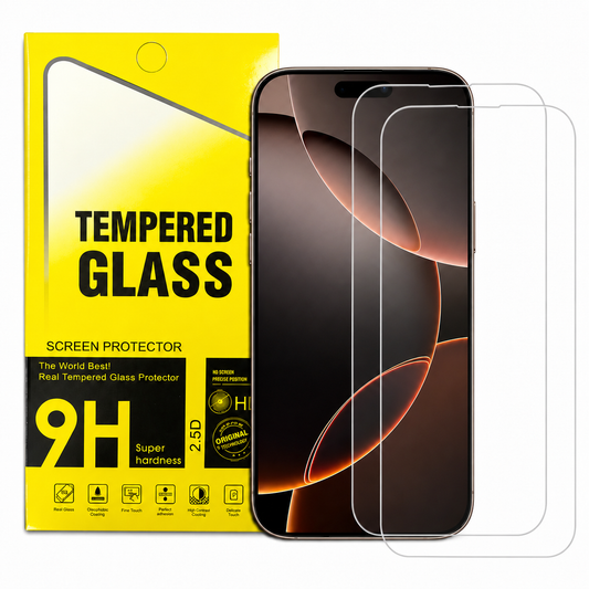 Tempered glass screen protectors shown partially peeled from their bright yellow retail packaging, with a smartphone displayed behind them on a white background.