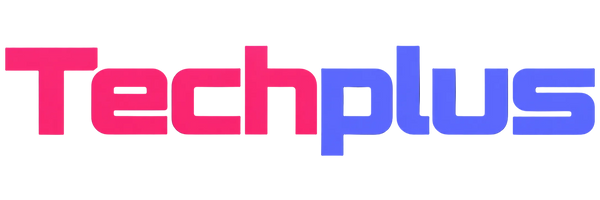 Techplus logo in bold pink and blue lettering on a dark blue gradient background.