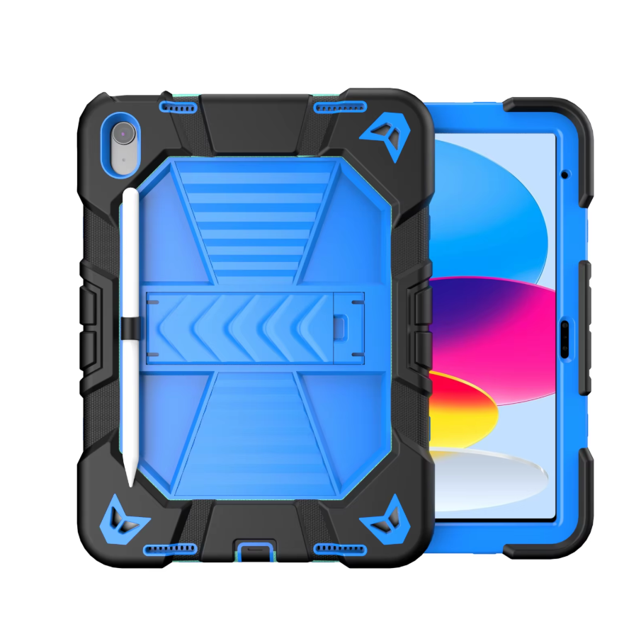 Blue and black rugged case for a tablet with a stylus on a white background