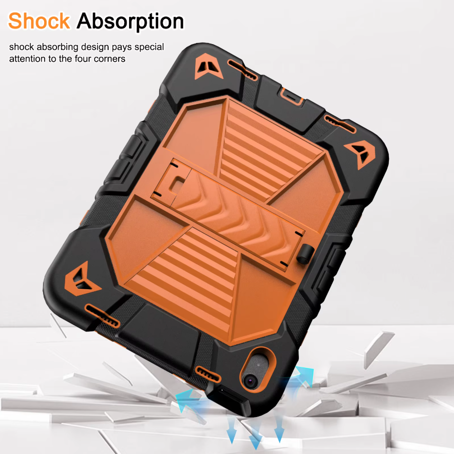 Orange and black shock absorption phone case with text on a white background