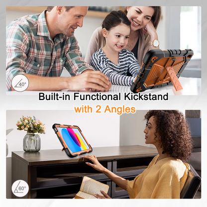 Family using a tablet with a built-in functional kickstand, shown from multiple angles.