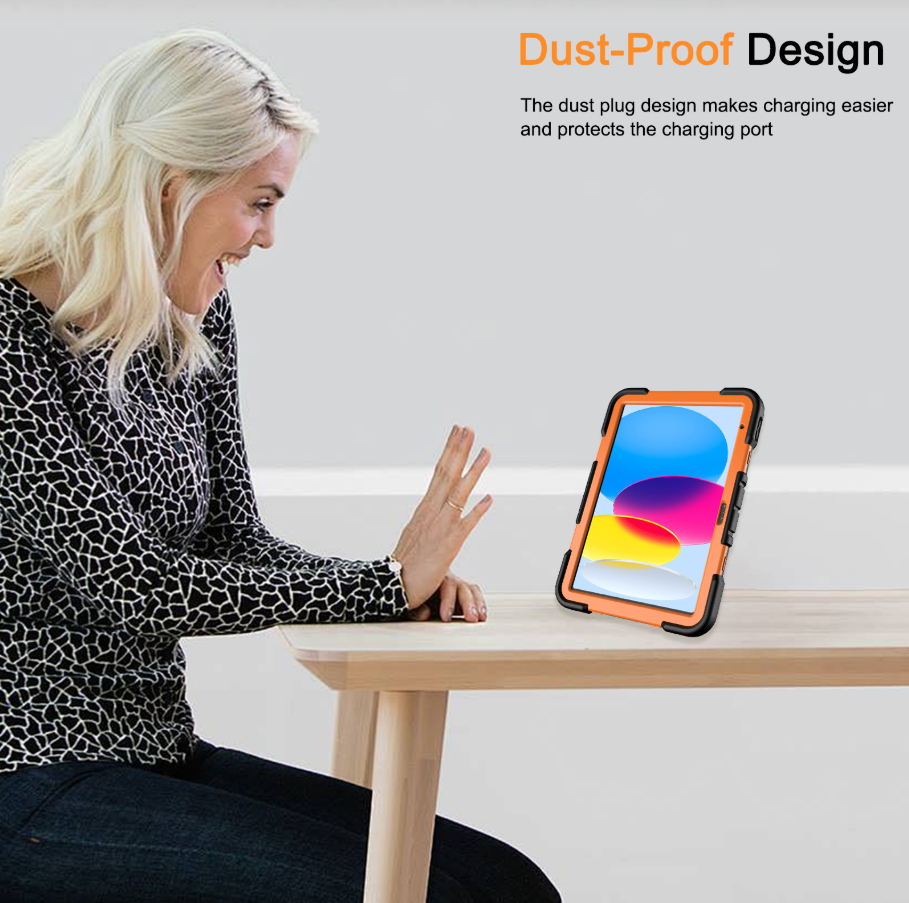 Woman using a smartphone with a dust-proof case on a table, text about dust-proof design.