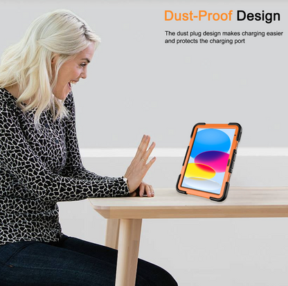 Woman using a smartphone with a dust-proof case on a table, text about dust-proof design.