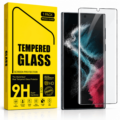 A pack of tempered glass screen protectors shown with their bright yellow retail box and a smartphone displaying a colorful abstract wallpaper. The box reads 'Tempered Glass Screen Protector' and '9H Super Hardness.