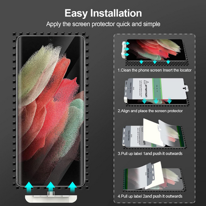 Instruction graphic for installing a phone screen protector, showing a smartphone on the left and four step-by-step illustrated panels on the right with text: 'Easy Installation' and 'Apply the screen protector quick and simple.'.