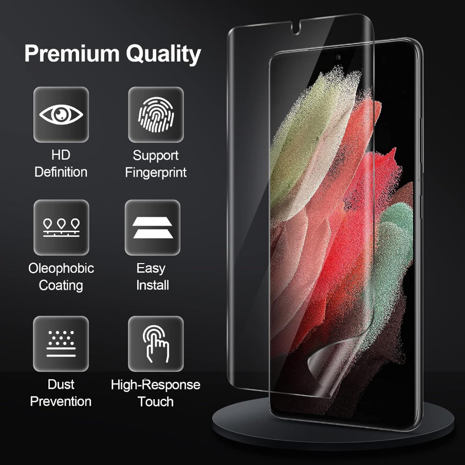 A premium smartphone screen protector shown on a phone stand against a dark background, with feature callouts including HD Definition, Support Fingerprint, Oleophobic Coating, Easy Install, Dust Prevention, and High-Response Touch.