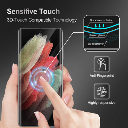 A hand holds a smartphone showing a colorful abstract wallpaper, with marketing text and icons explaining sensitive touch compatibility, anti-fingerprint protection, and high responsiveness. The graphic includes a callout to a screen protector diagram on the upper right.