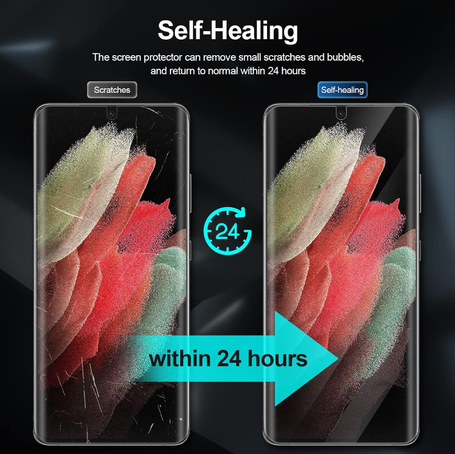 Promotional graphic for a self-healing screen protector showing two smartphone mockups side by side on a dark background. The left phone has a cracked screen with the label 'Scratches,' and the right phone has a clear screen labeled 'Self-healing.