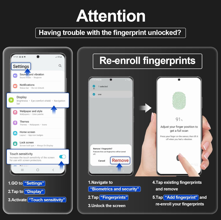 Instructions for re-enrolling fingerprints on a smartphone with on-screen text and visual steps.