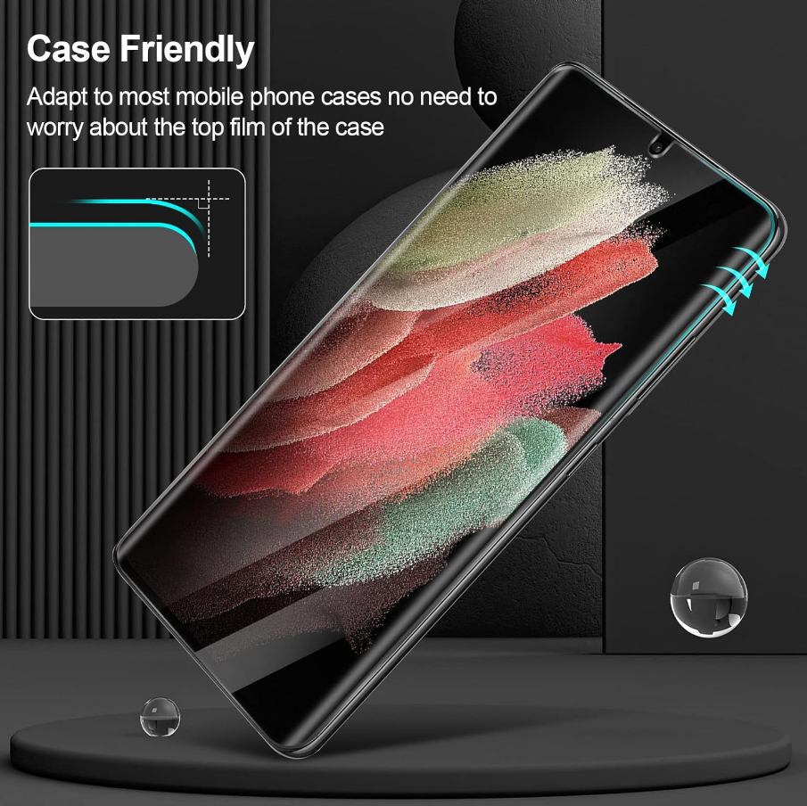 A smartphone case shown at an angle on a dark studio background, with marketing text reading 'Case Friendly' and a small inset showing the case's curved edge design. The product appears to be a clear or transparent phone case with a black border/frame around the edges.