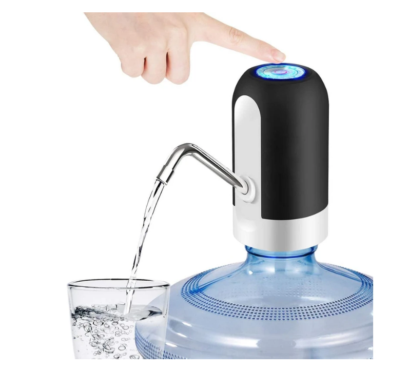 Hand pressing a button on a water dispenser with water flowing into a glass.