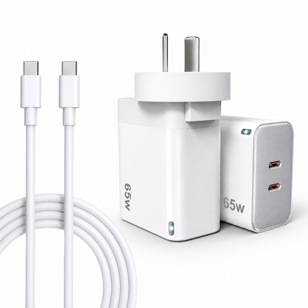65W GaN Fast Wall Charger Dual USB-C PD 3.0 Power Adapter for Laptop, Tablet & Smartphone (White)