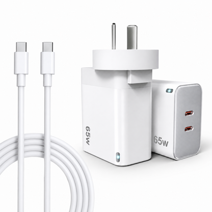 65W GaN Fast Wall Charger Dual USB-C PD 3.0 Power Adapter for Laptop, Tablet & Smartphone (White)